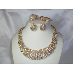 Gold 4 pcs Statement Rhinestone AB Necklace Set, Bridal prom Party  Necklace